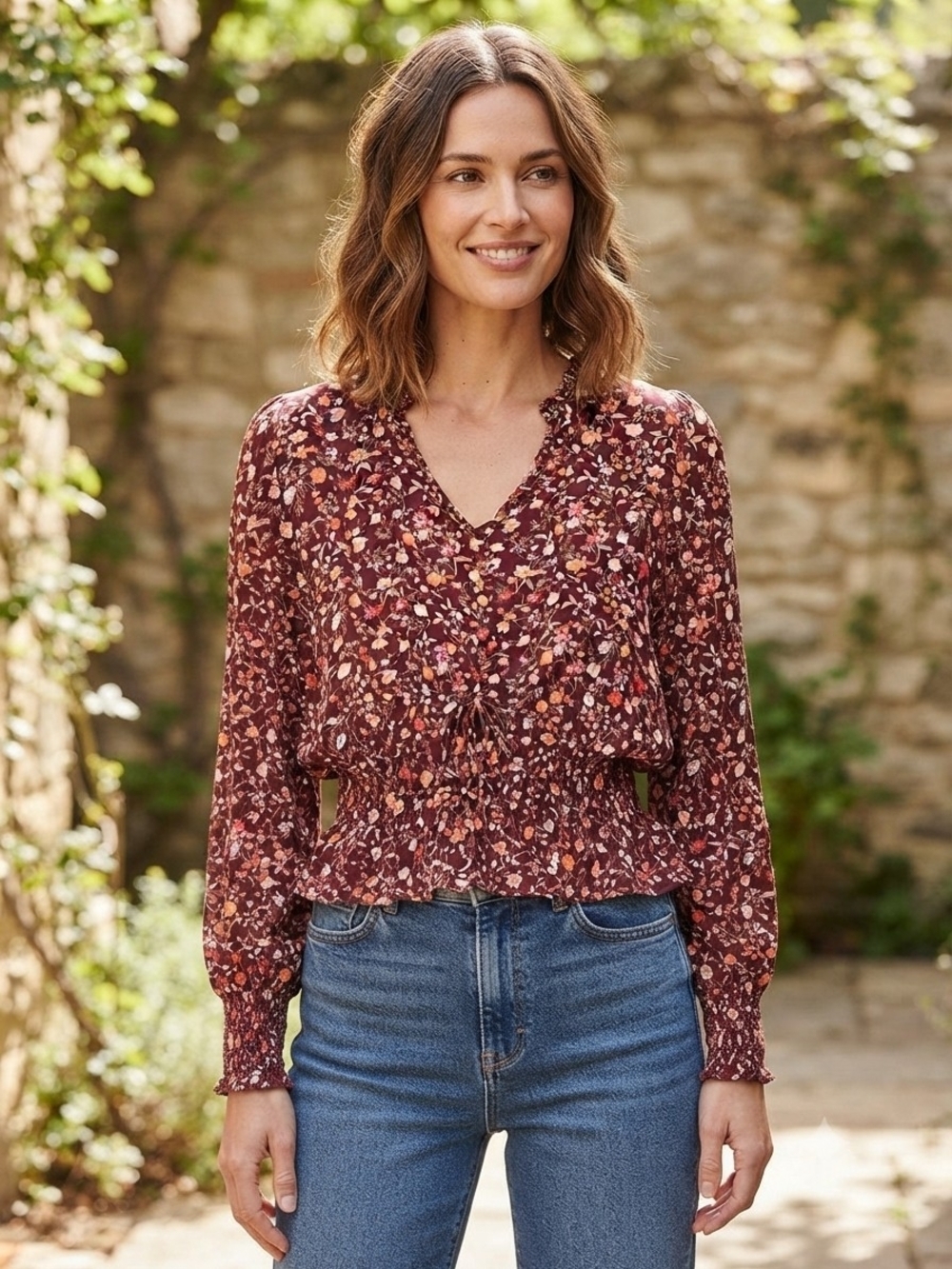 Blu Pepper Burgundy Rust Floral V-Neck Smocked Peplum Blouse
